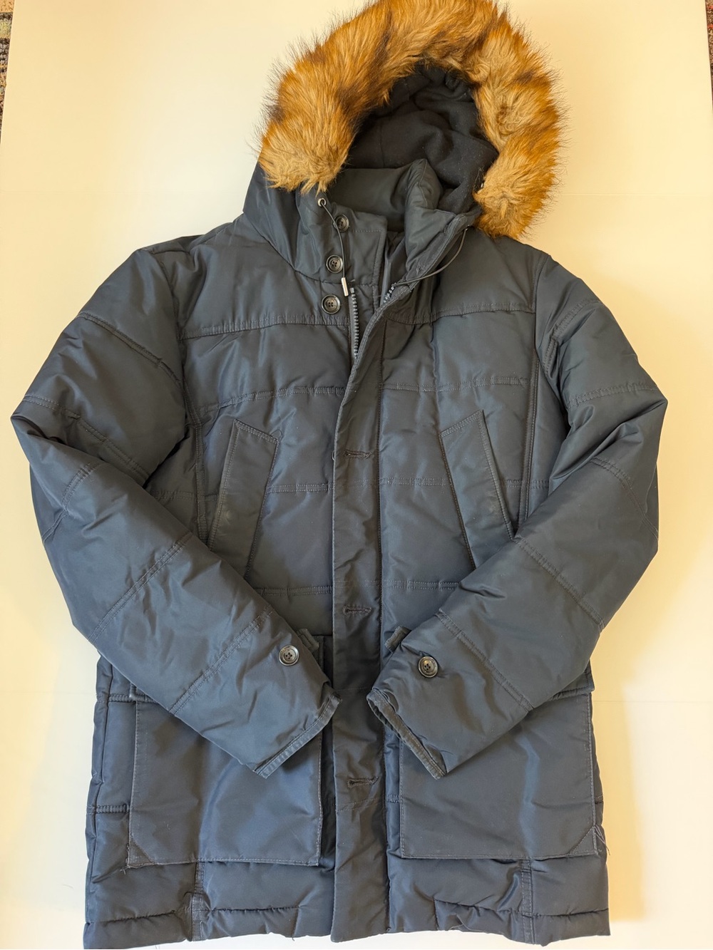 Zara Men's Puffer Parka Jacket with Faux Fur Hood - Navy